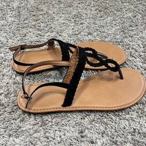 Black Braided T-Strap Flat Sandals Ankle Strap Womens Size 10-11‎ L